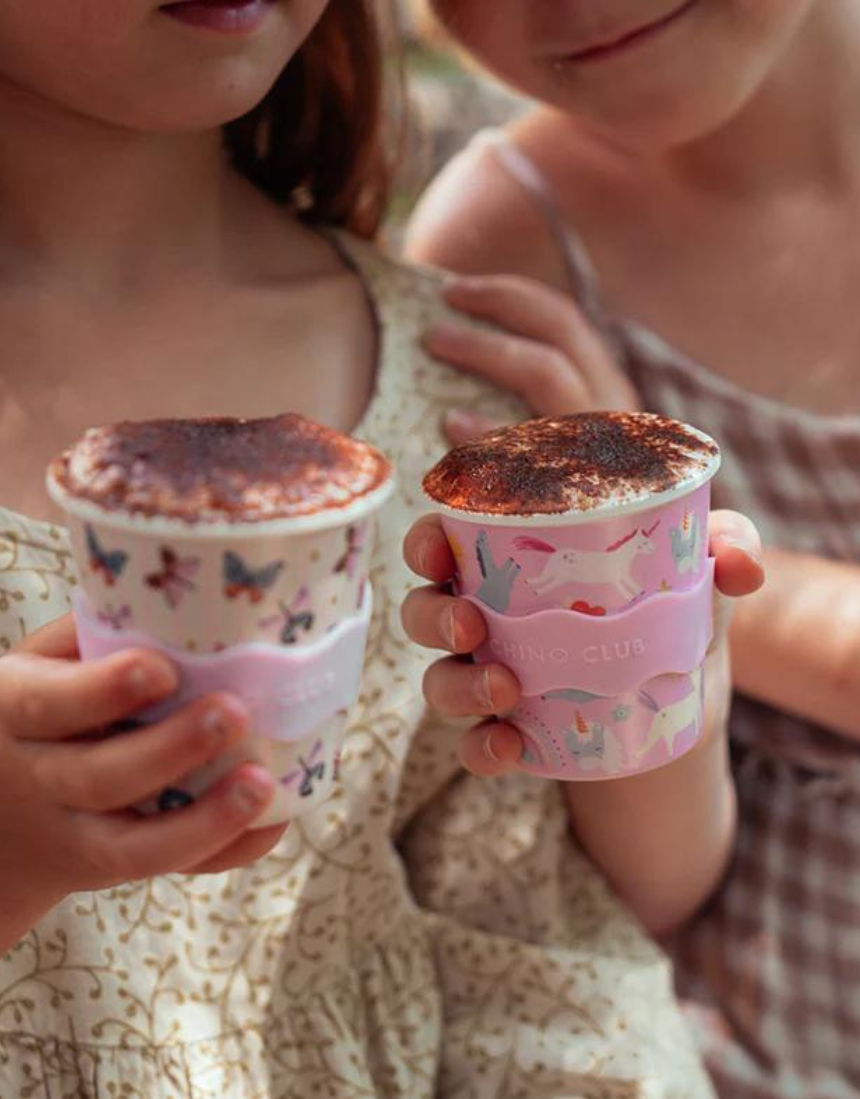 Pink unicorn baby chino cup by Chino Club, 4oz kids cup with playful unicorn design for young children.