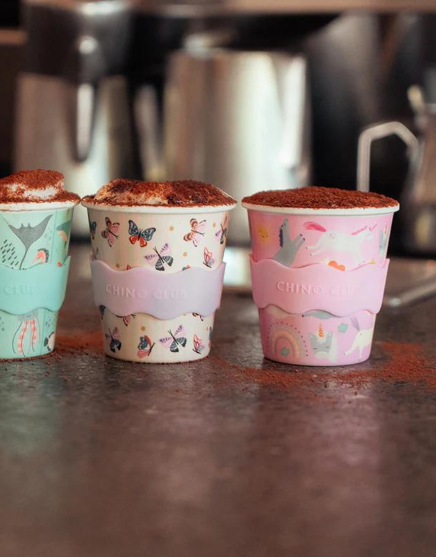 Pink unicorn design baby Chino Cup by Chino Club, 4oz kids' cup with colorful unicorn graphics, ideal for young children.