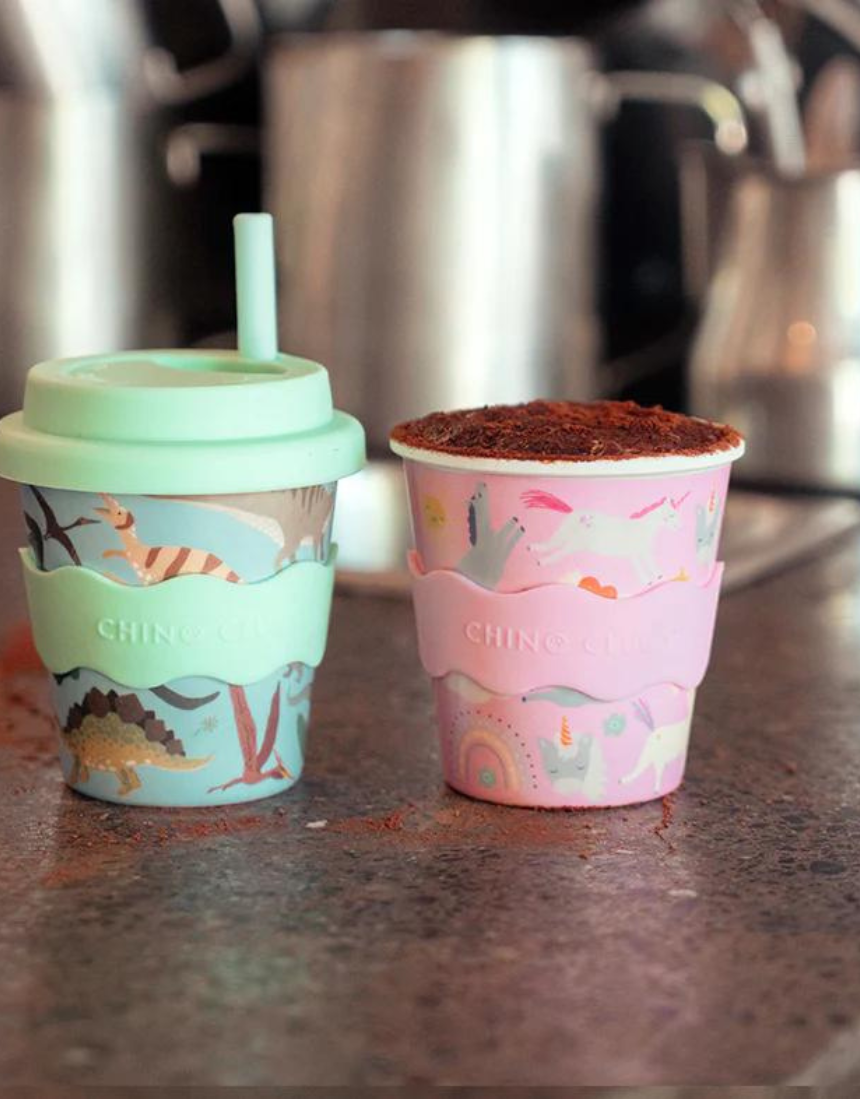 Pink unicorn-themed Chino Club kids' baby chino cup, 4oz, designed for young children, featuring colorful unicorn graphics.