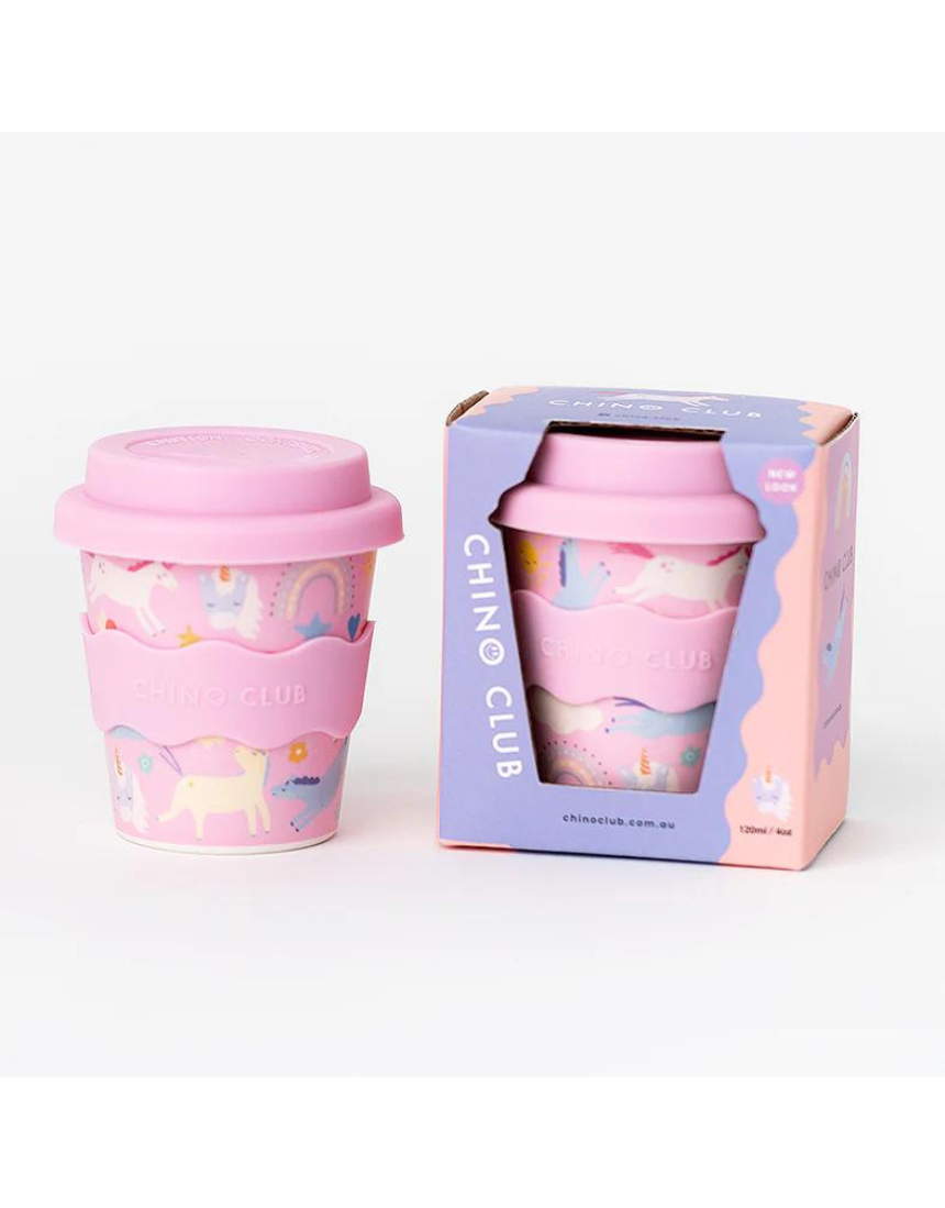 Pink unicorn-themed Chino Club kids' baby chino cup, 4oz, with playful unicorn design for little ones.