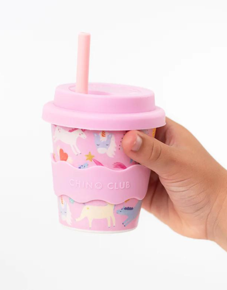Pink unicorn baby chino cup by Chino Club, 4oz kids cup with playful unicorn design for young children.