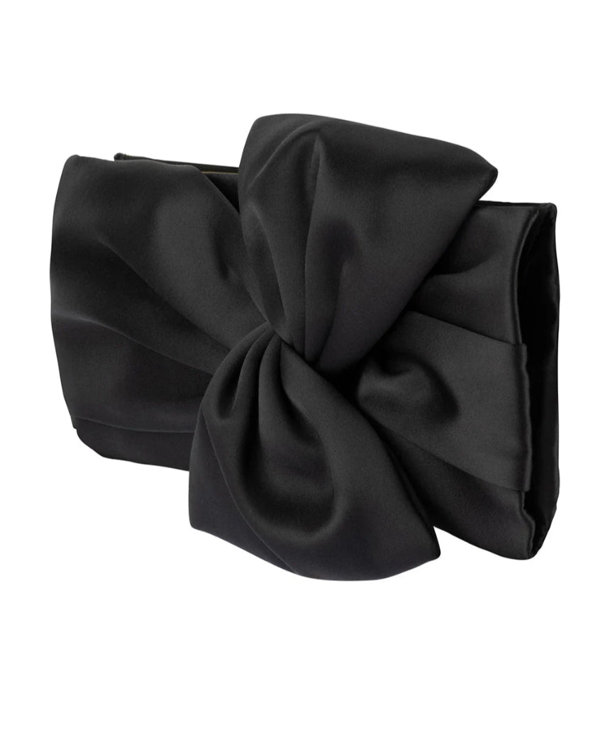 Black Olga Berg Chloe front tie clutch bag with sleek design and elegant front tie detail.
