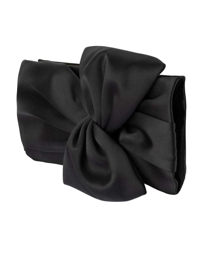 Black Olga Berg Chloe front tie clutch bag with sleek design and elegant front tie detail.