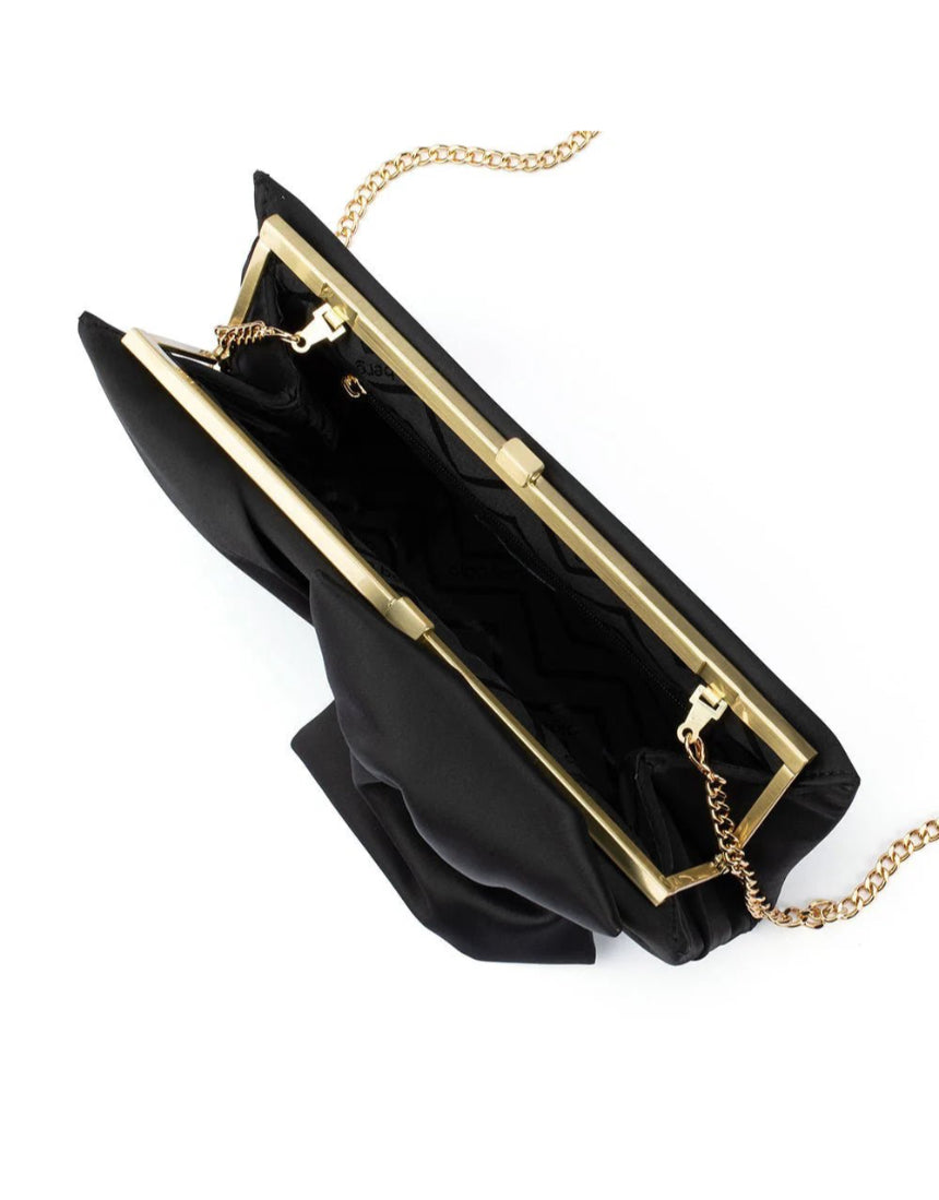 Olga Berg Chloe front tie clutch bag in black with sleek design and elegant tie detail at the front.