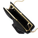 Olga Berg Chloe front tie clutch bag in black with sleek design and elegant tie detail at the front.