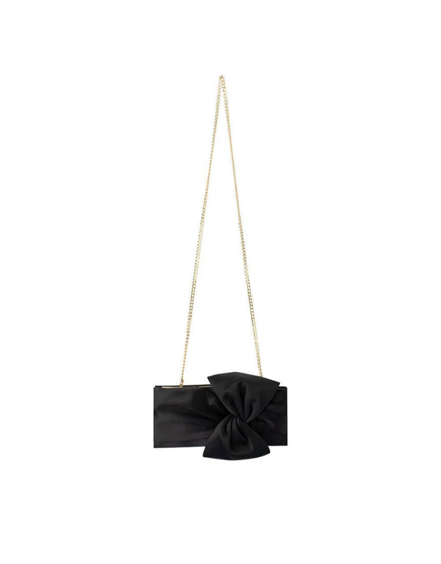 Black Olga Berg Chloe front tie clutch bag with sleek design and elegant front tie detail.