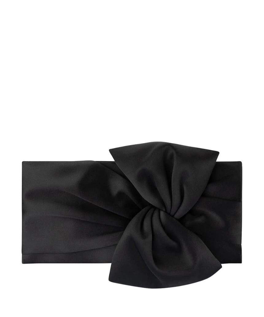 Black Olga Berg Chloe front tie clutch bag with sleek design and compact size, perfect for evening occasions.