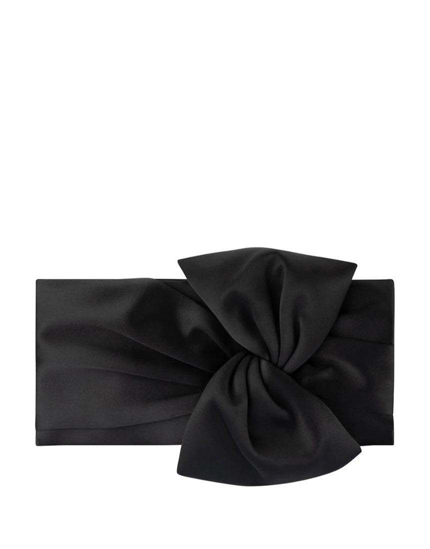 Black Olga Berg Chloe front tie clutch bag with sleek design and compact size, perfect for evening occasions.