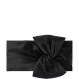 Black Olga Berg Chloe front tie clutch bag with sleek design and compact size, perfect for evening occasions.