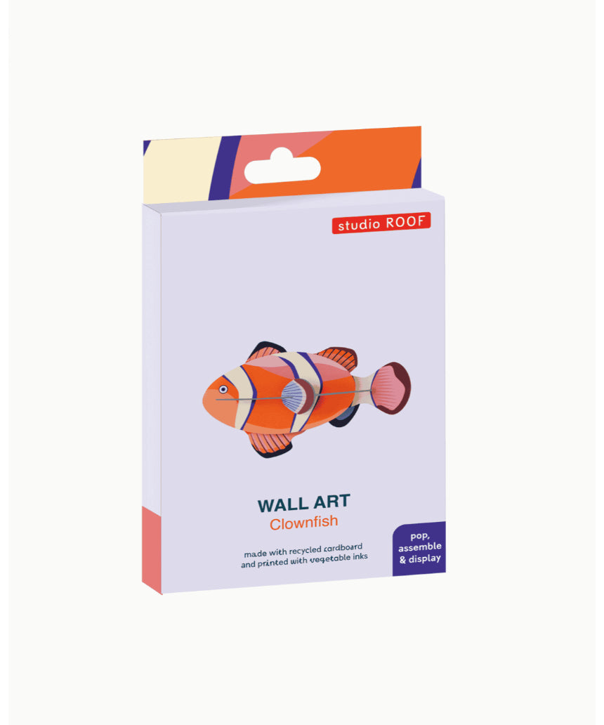 Studio Roof Clownfish wall art decor in packaging, vibrant orange and white clownfish illustration for home decoration.