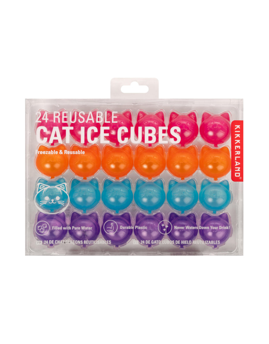 Set of 24 reusable cat ice cubes by isAlbi, showing clear silicone molds filled with water for keeping cats cool.