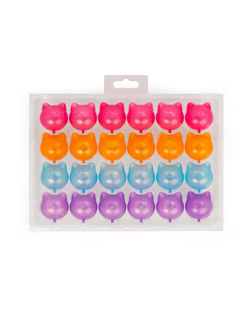 Set of 24 reusable cat ice cubes from isAlbi, showing clear silicone molds filled with water for keeping cats cool.