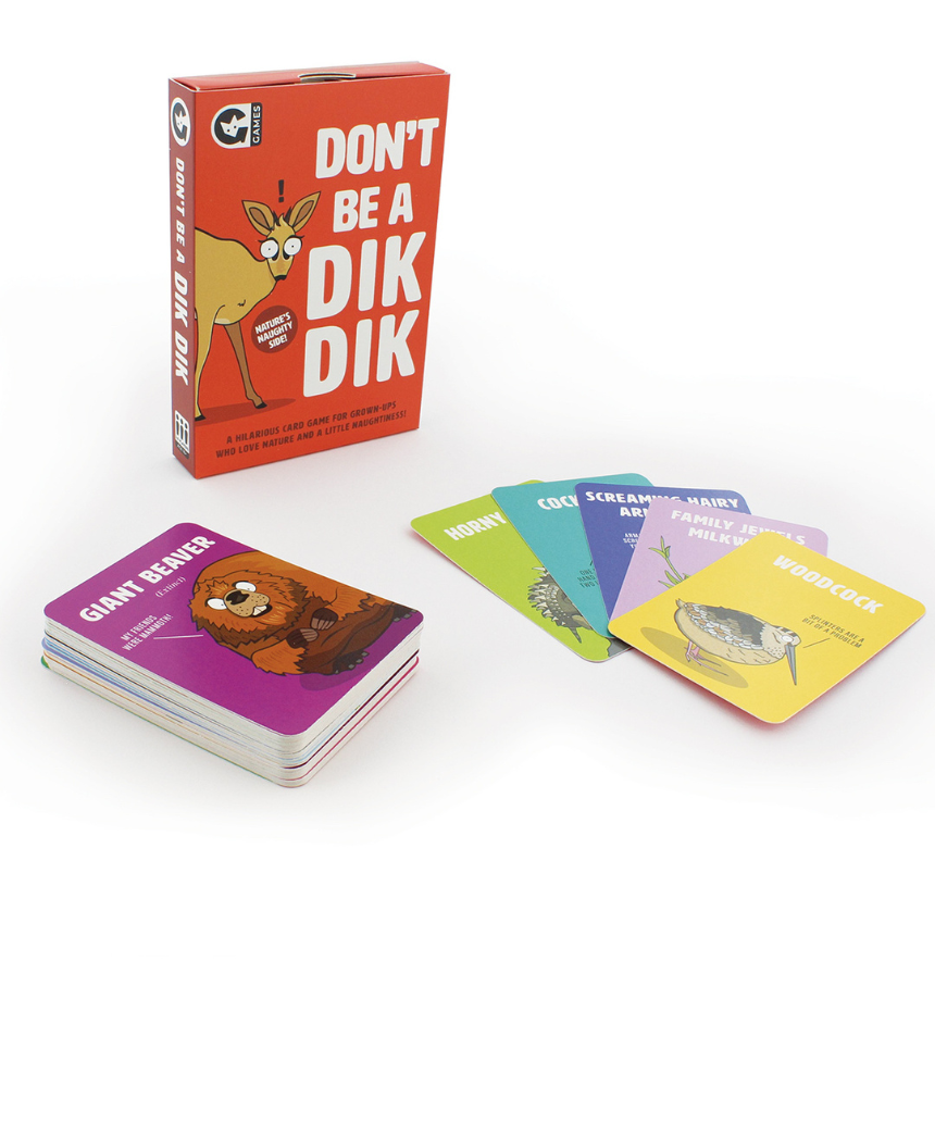 Curated Don't Be A Dik Dik card game featuring colorful animal-themed cards for fun family gameplay.