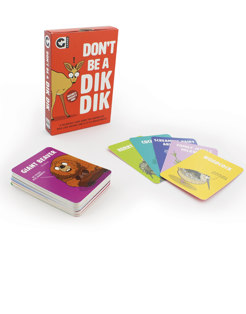 Curated Don't Be A Dik Dik card game featuring colorful animal-themed cards for fun family gameplay.