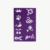 Purple reusable adhesive face paint stencil from Oh Flossy with intricate designs for creative face art.