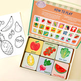 Lauren Sissons Studio fruit and vegetable memory and matching game with colorful cards featuring various produce images.