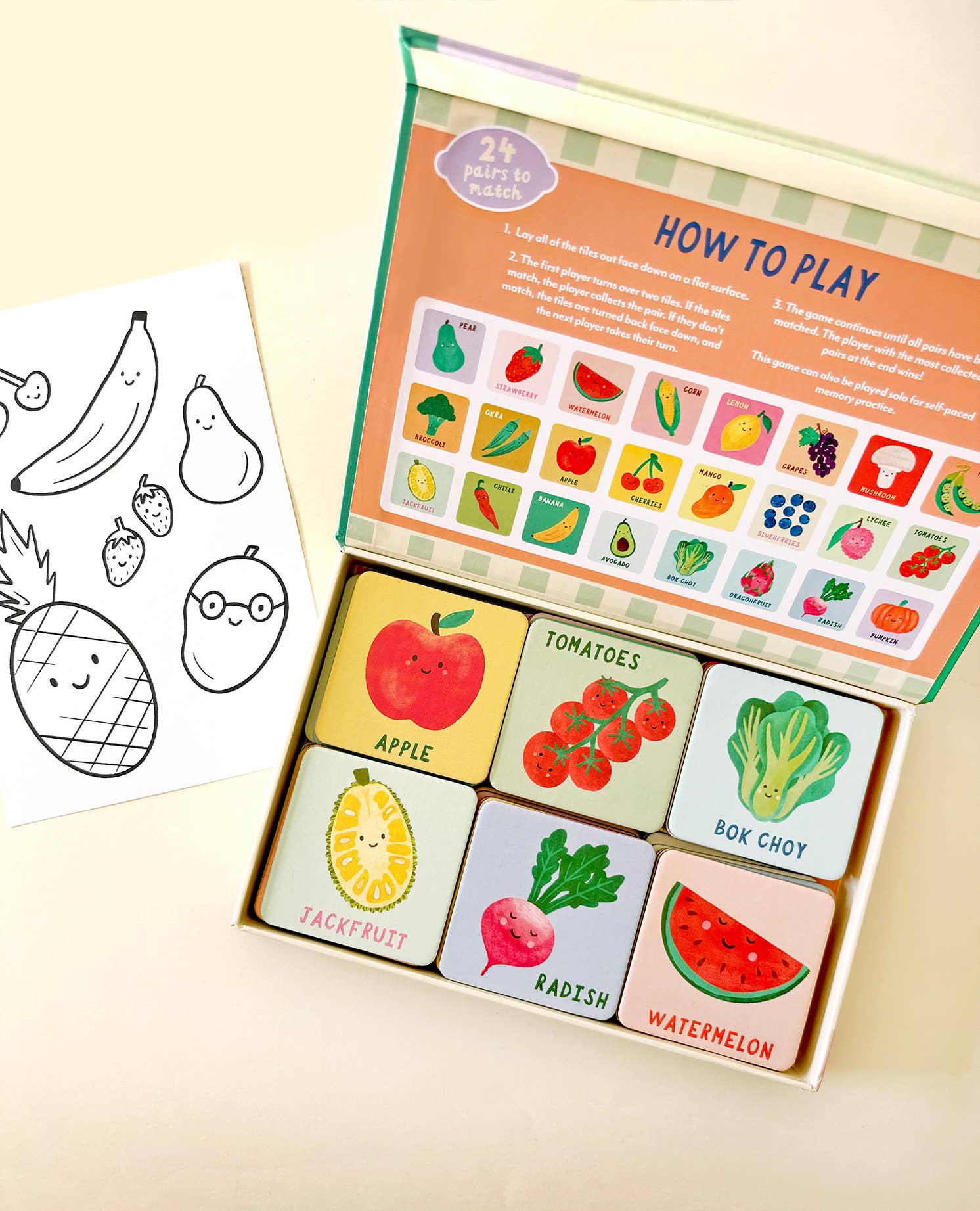 Lauren Sissons Studio fruit and vegetable memory and matching game with colorful cards featuring various produce images.