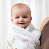 Living Textiles Jersey Sherpa Pram Blanket with whimsical Wonderland pattern, soft fleece and cozy jersey fabric for babies.