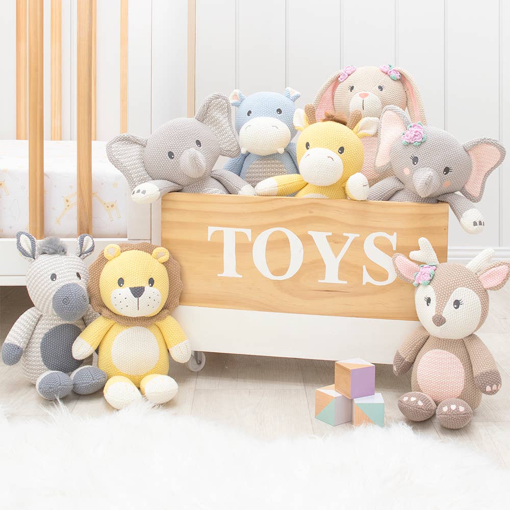 Living Textiles Mason the Elephant knitted toy, soft and cuddly stuffed animal featuring detailed knitting and playful design.