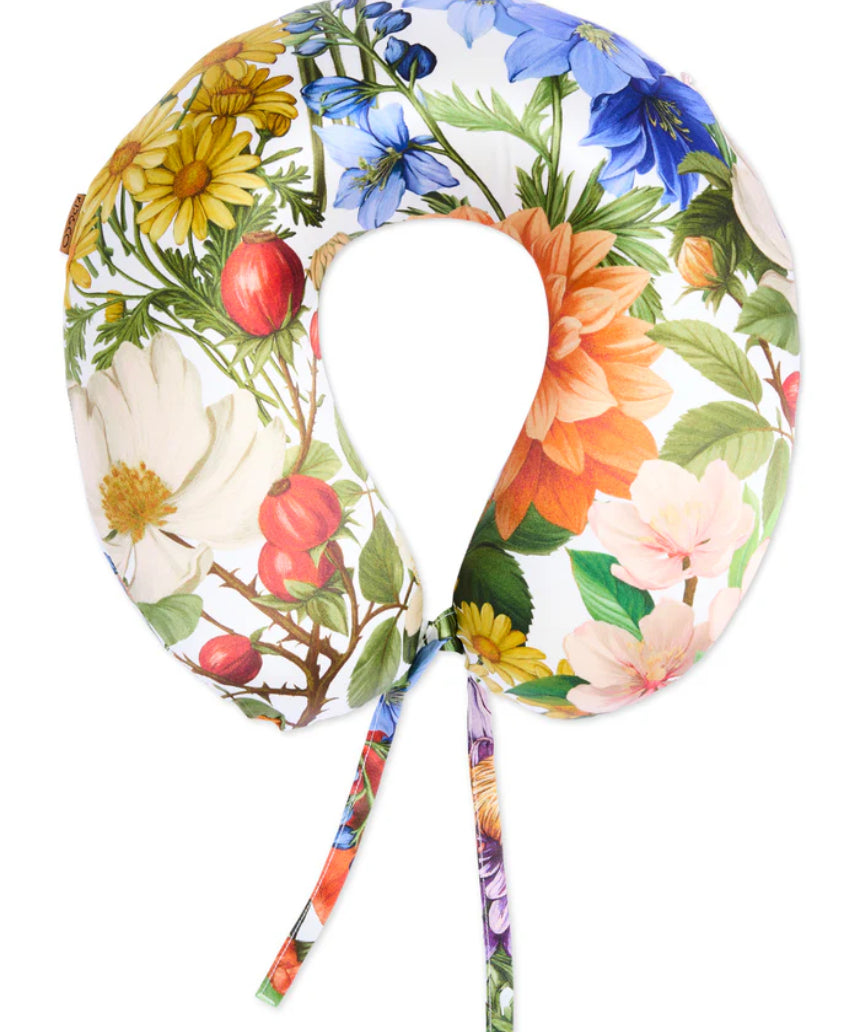 Kip & Co Cottage Garden silk travel pillow with floral print and soft fabric, designed for comfortable support during travel.