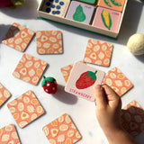 Lauren Sissons Studio fruit and vegetable memory and matching game with colorful cards featuring fresh produce images.