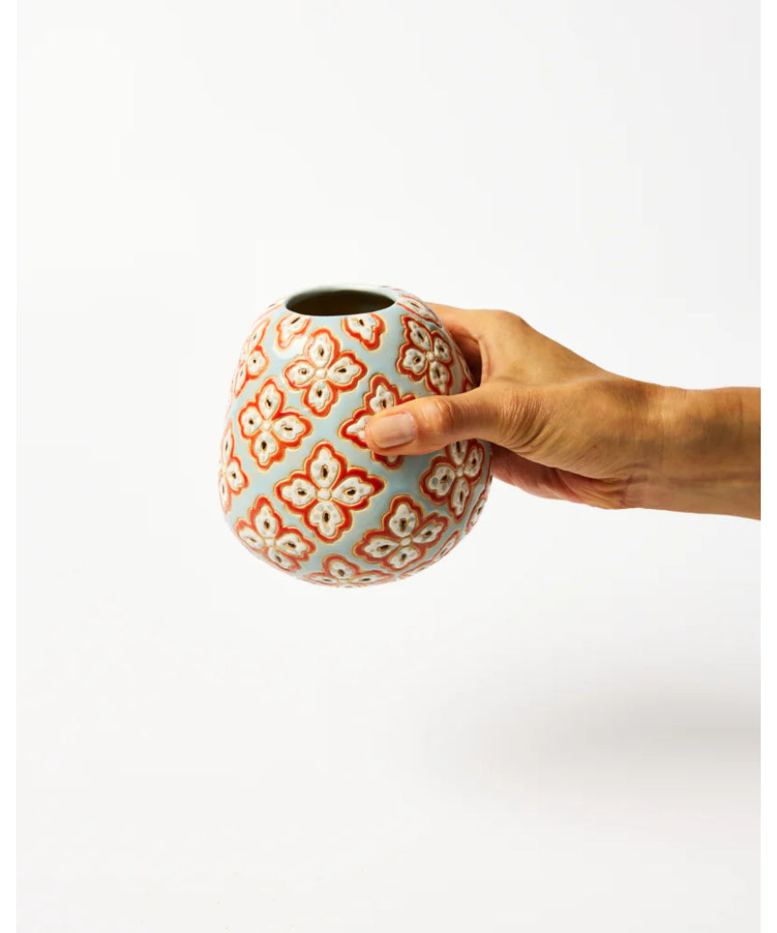Jones & Co blue paisley pollen vase with intricate floral patterns and a glossy finish, perfect for decorative display.