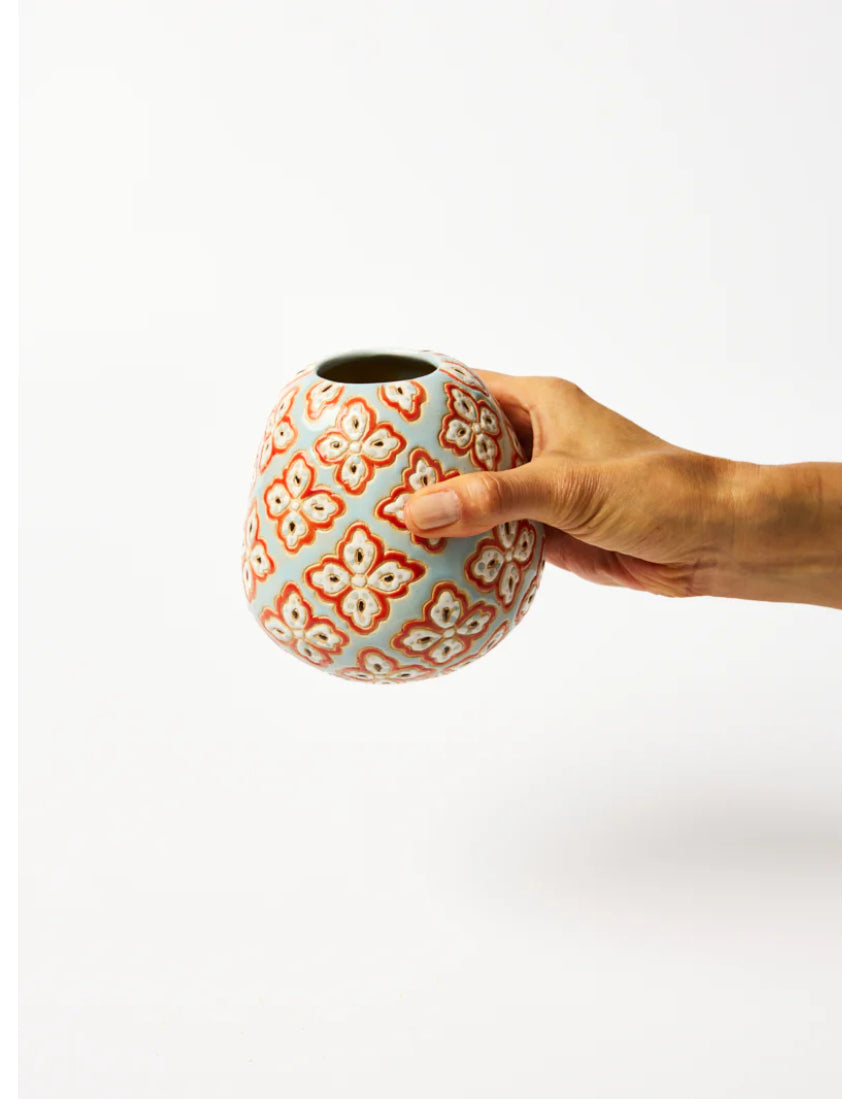 Jones & Co blue paisley pollen vase with intricate floral patterns and a glossy finish, perfect for decorative display.