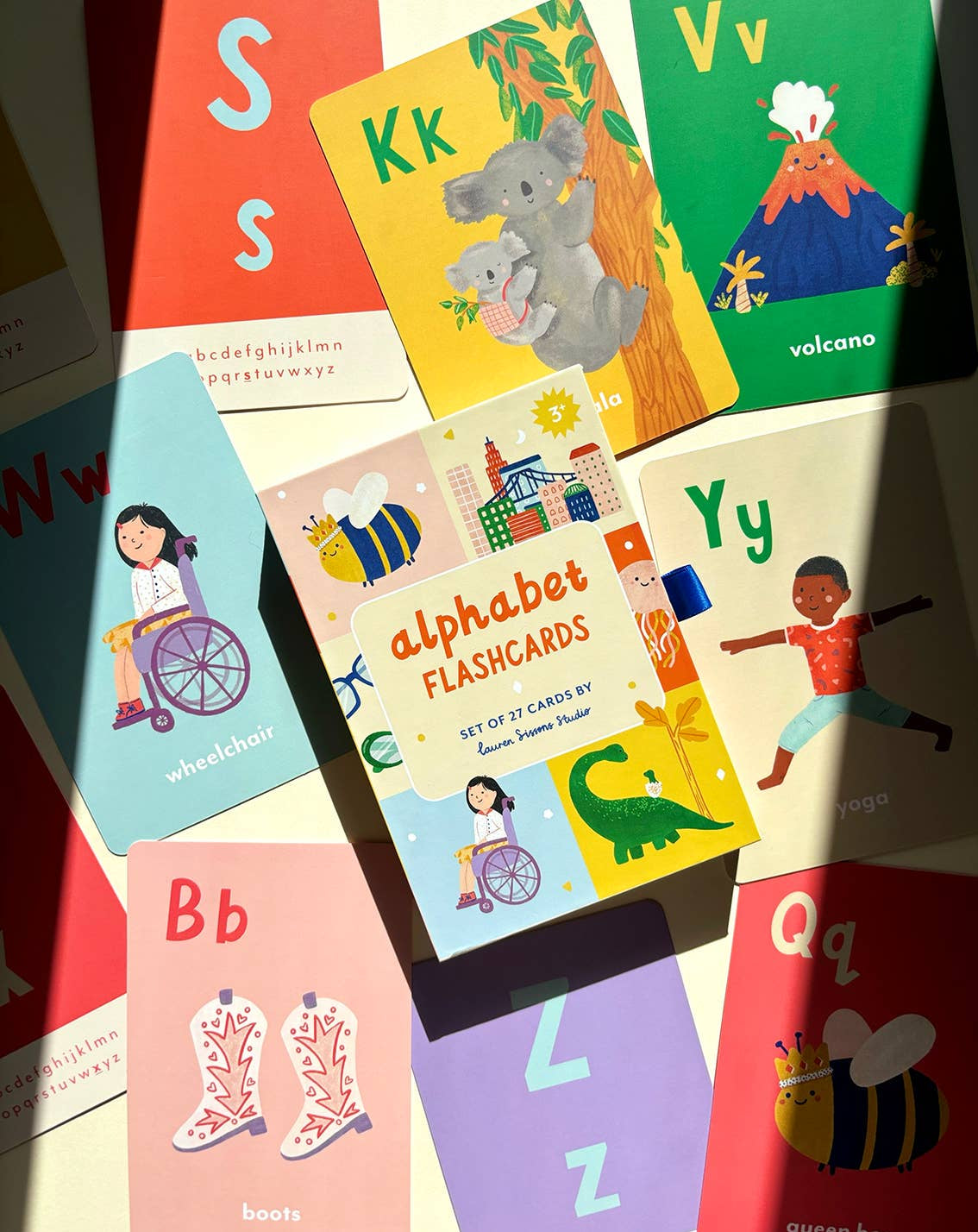 Lauren Sissons Studio A-Z illustrated alphabet flashcards featuring colorful, detailed letter designs on white background.
