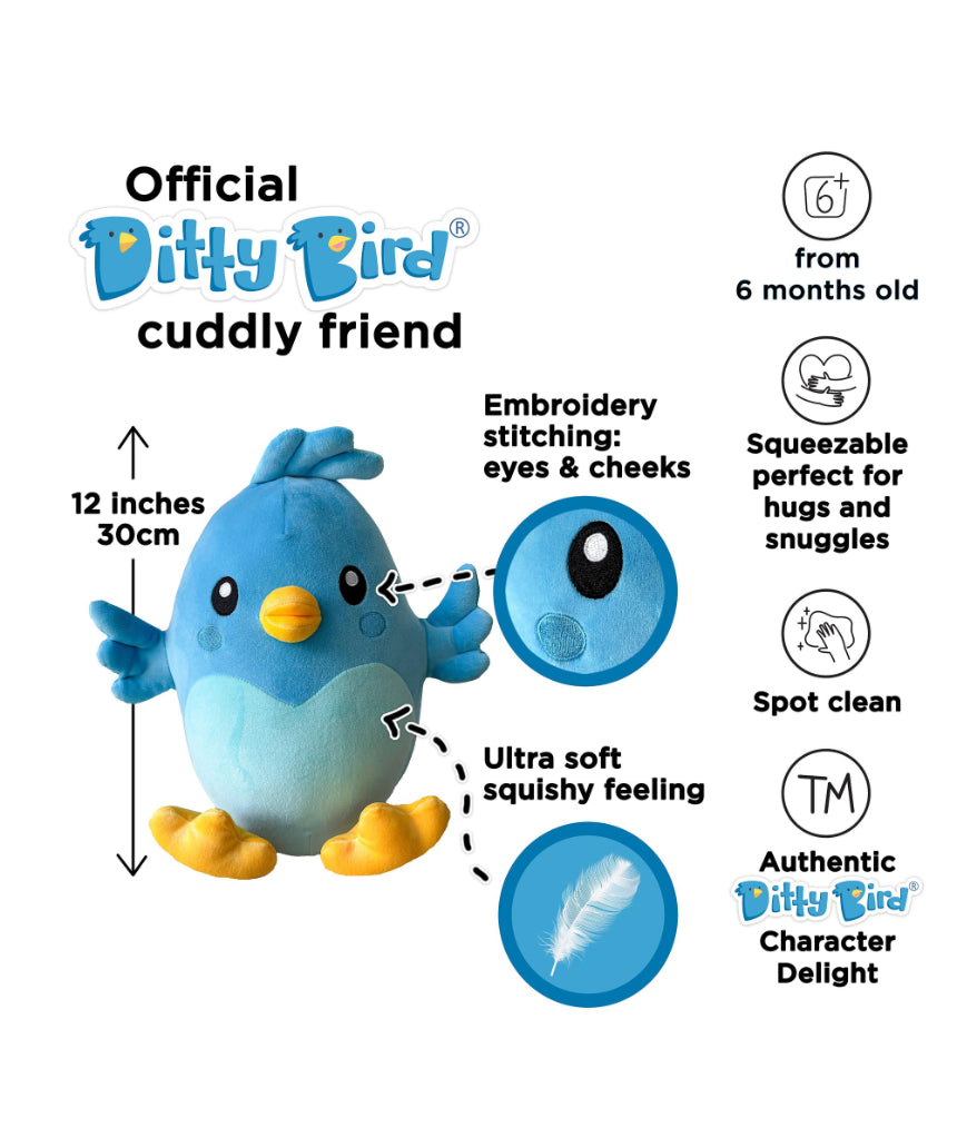 Soft plush toy from isAlbi, Ditty Bird, 30cm, featuring colorful fabric and a cute bird design, perfect for cuddling.