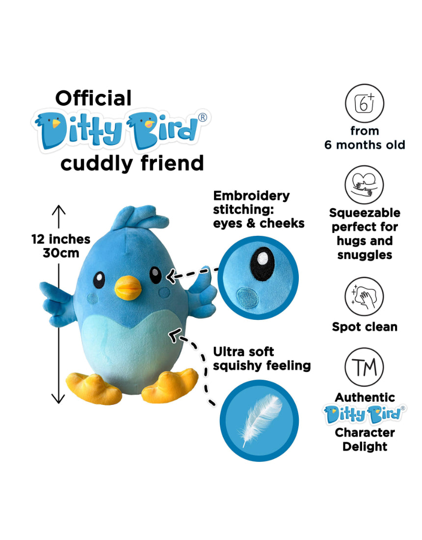 Soft plush toy from isAlbi, Ditty Bird, 30cm, featuring colorful fabric and a cute bird design, perfect for cuddling.