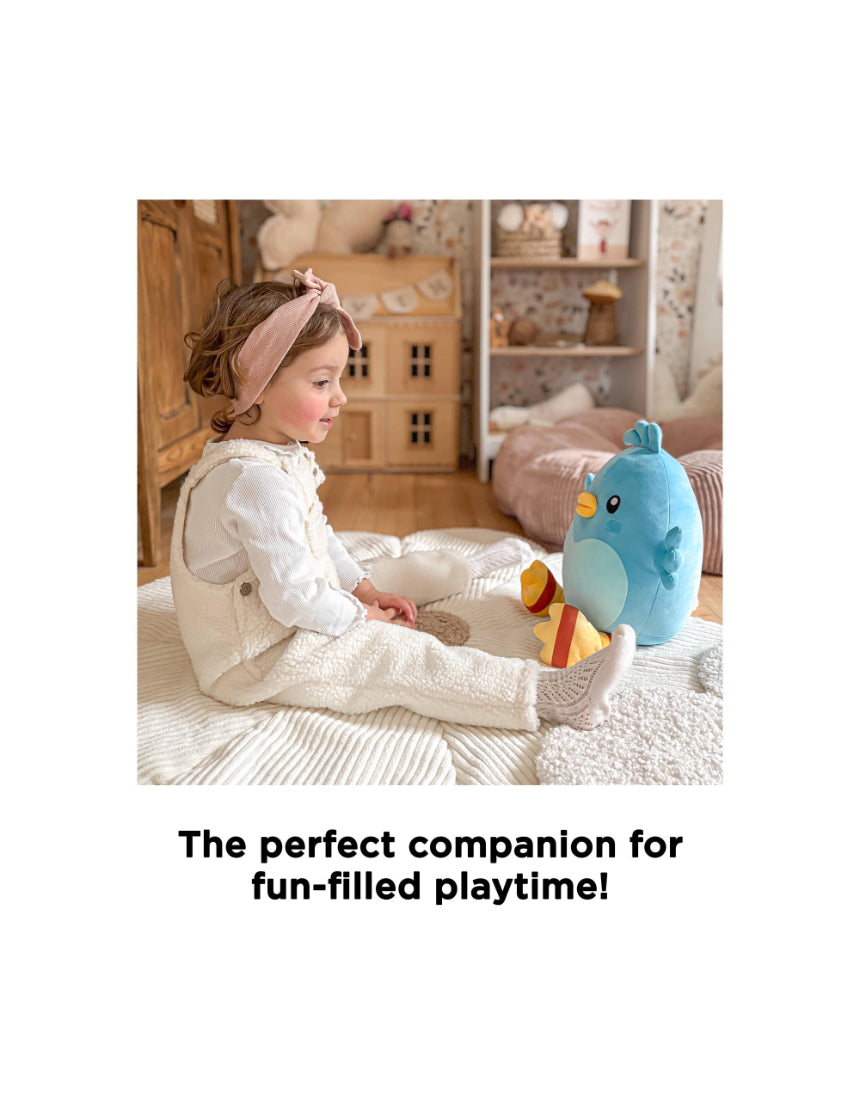 Soft plush Ditty Bird toy by isAlbi, 30cm tall, with colorful feathers and friendly face, perfect for cuddling and play.