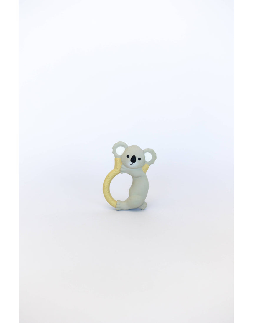 Winnie Parkes Banks the Koala teething ring with soft silicone ears and a wooden ring suitable for soothing babies.