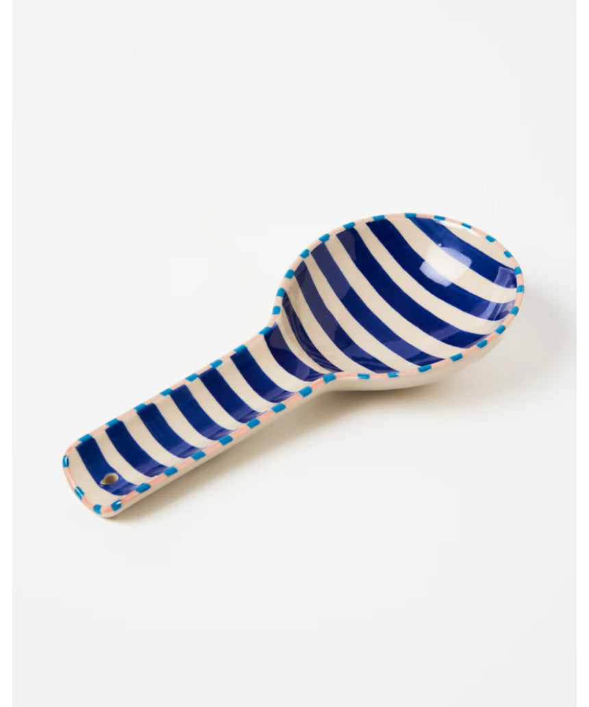 Jones & Co Bloomie Blue Stripe Spoon Rest with a ceramic design and blue striped pattern, perfect for kitchen countertop use.