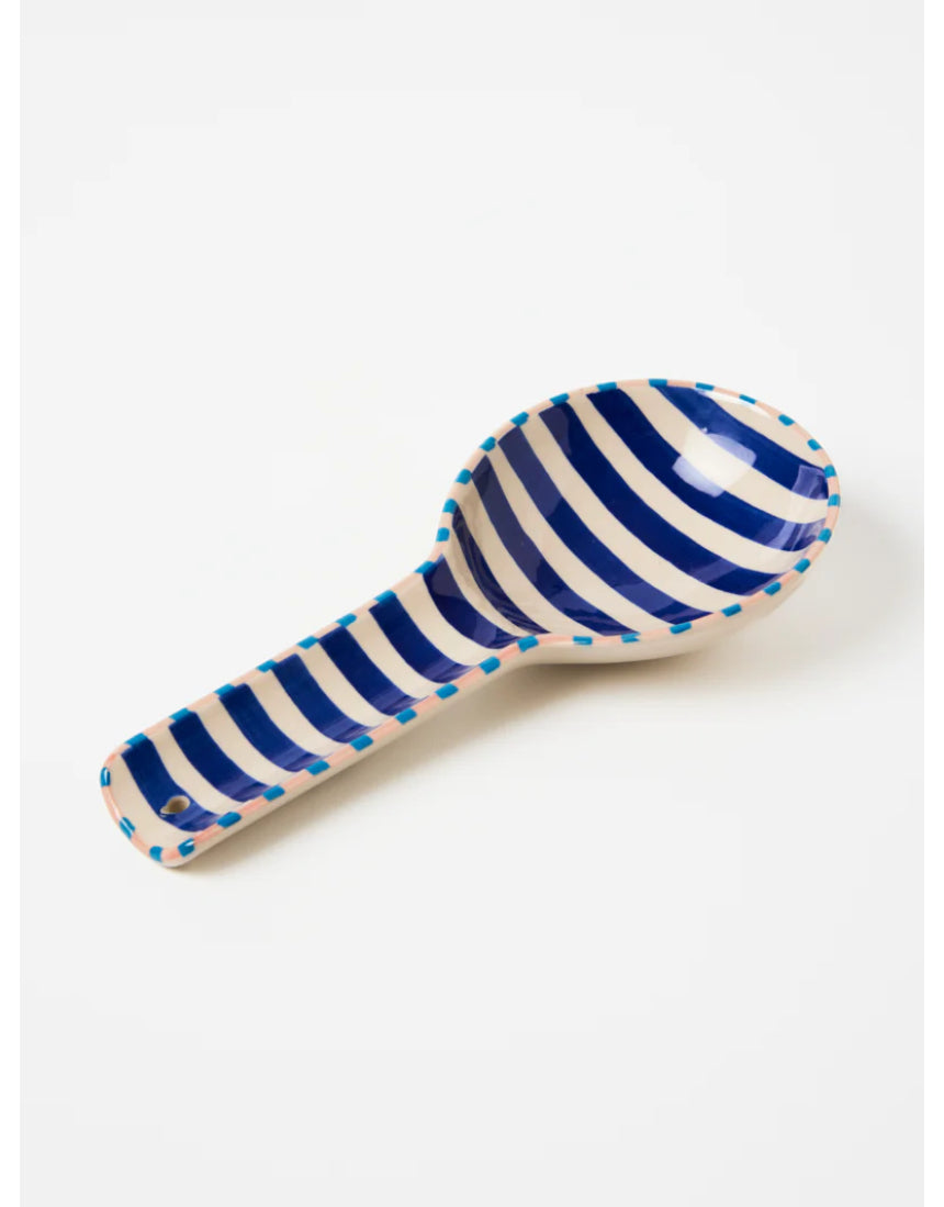 Jones & Co Bloomie Blue Stripe Spoon Rest with a ceramic design and blue striped pattern, perfect for kitchen countertop use.