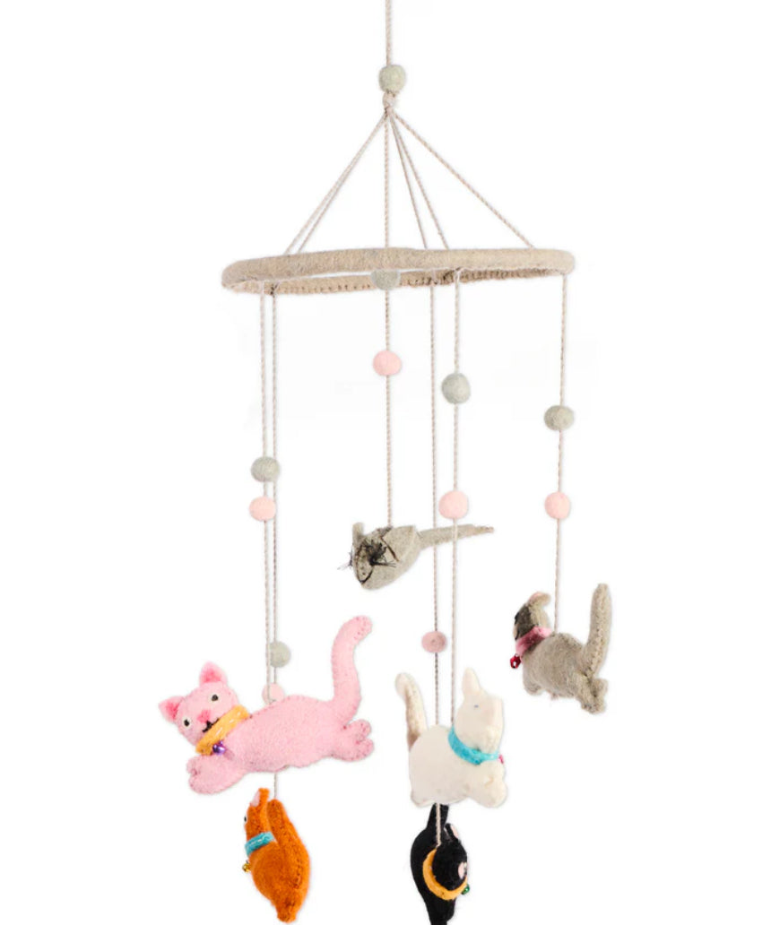 Kip & Co Meow Baby Wool Mobile with colorful fabric cats hanging from a wooden hoop for nursery decoration