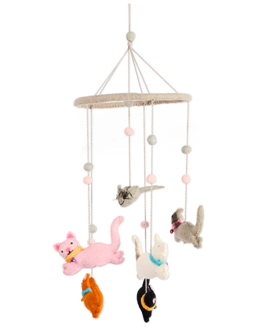 Kip & Co Meow Baby Wool Mobile with colorful fabric cats hanging from a wooden hoop for nursery decoration