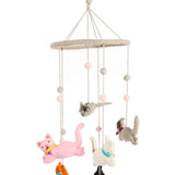 Kip & Co Meow Baby Wool Mobile with colorful fabric cats hanging from a wooden hoop for nursery decoration