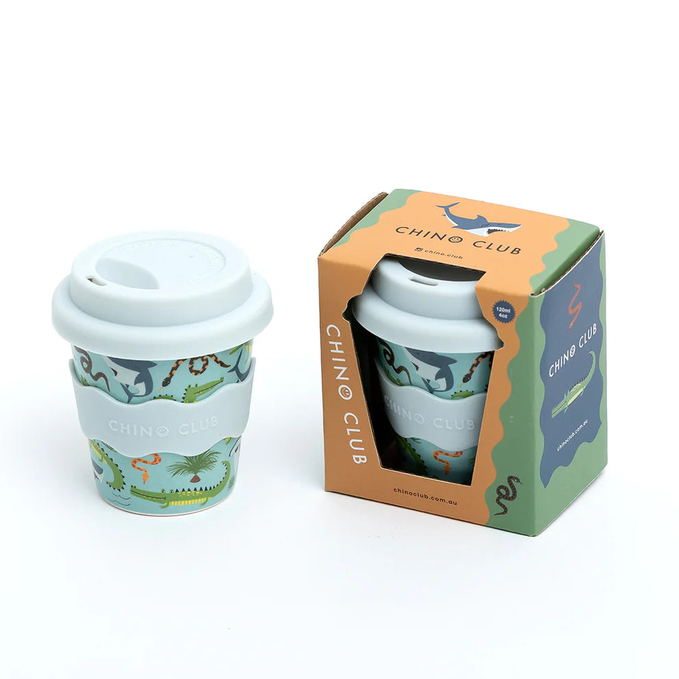 Chino Club Deadly Animals Baby Chino Cup 4oz featuring colorful animal illustrations on a kid-friendly cup.