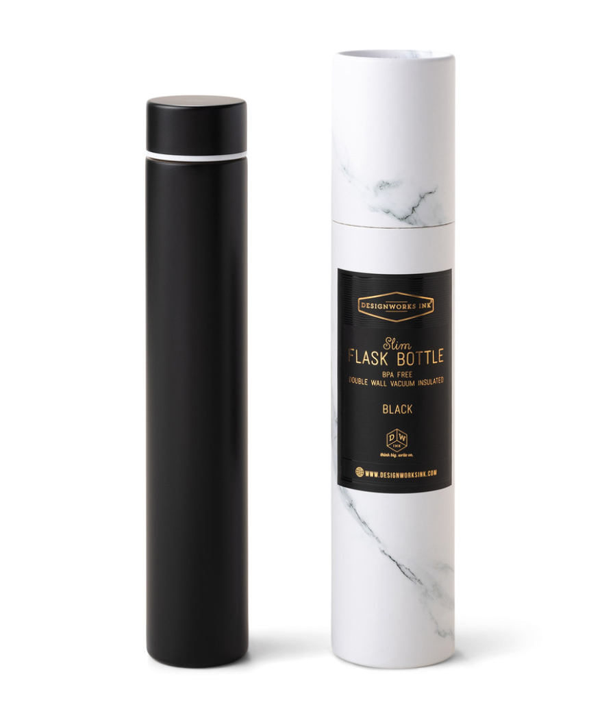 Designworks Ink slim black flask bottle, a sleek drinkwear accessory with a modern design for carrying beverages.