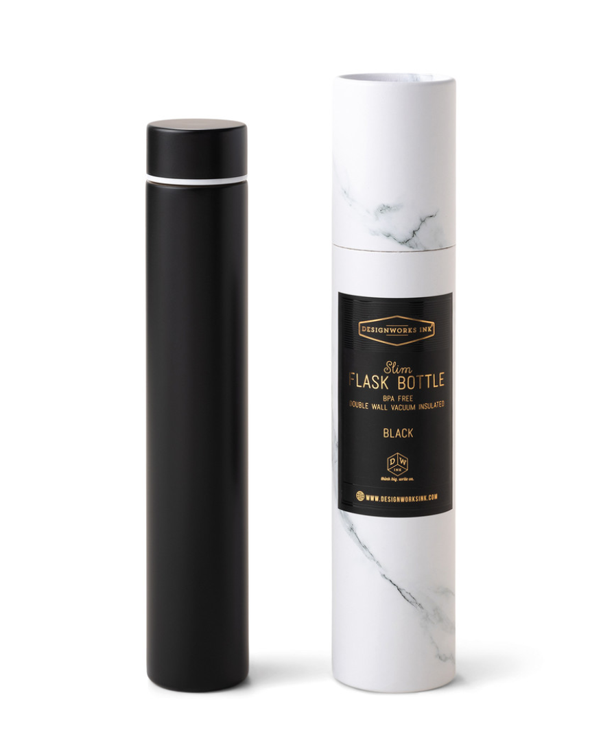 Designworks Ink slim black flask bottle, a sleek drinkwear accessory with a modern design for carrying beverages.