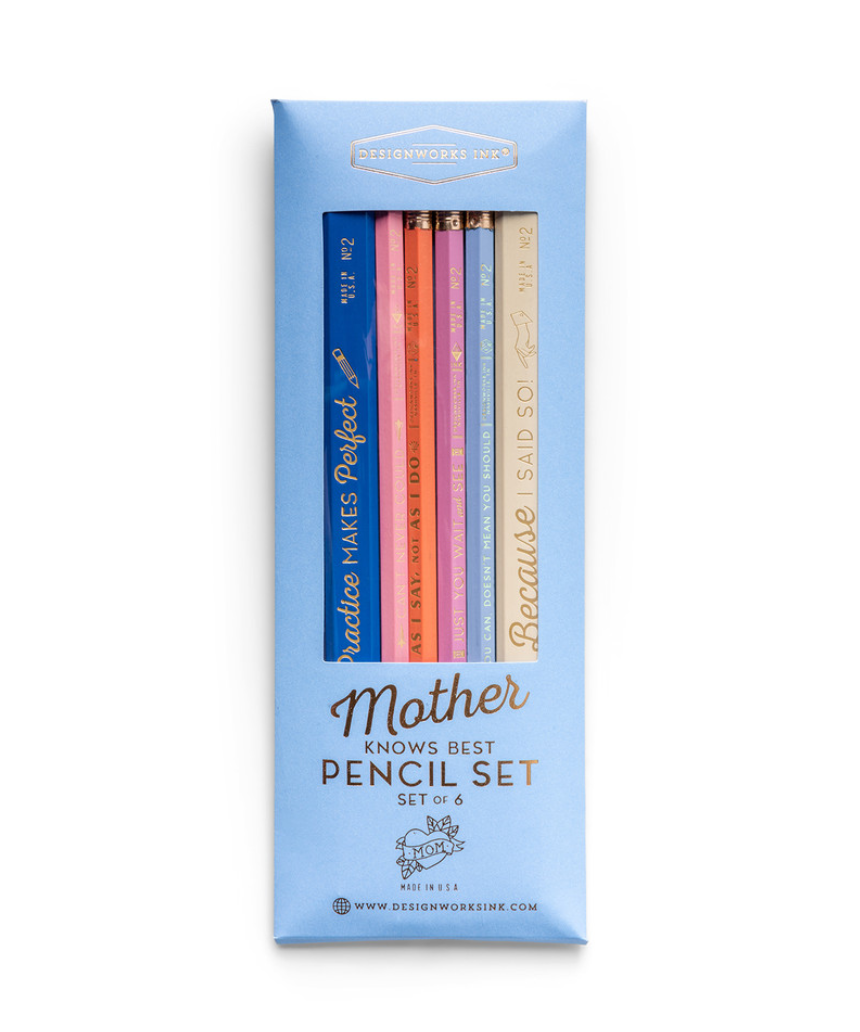 Designworks Ink Mother Knows Best pencil set with colorful, patterned pencils displayed on a white background.