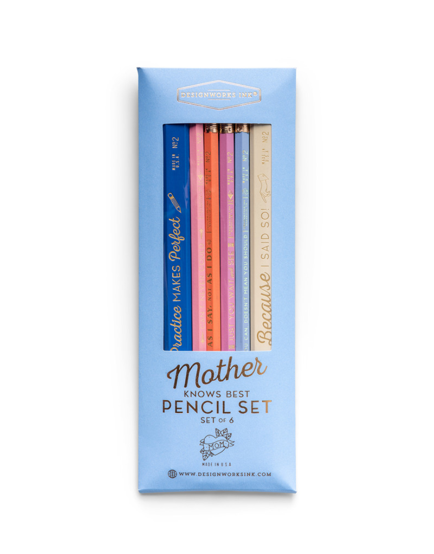 Designworks Ink Mother Knows Best pencil set with colorful, patterned pencils displayed on a white background.