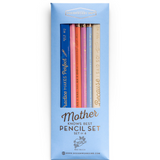 Designworks Ink Mother Knows Best pencil set with colorful, patterned pencils displayed on a white background.