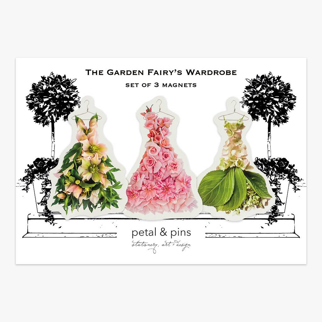 Set of three Petal & Pins Garden Fairy's Wardrobe Spring Flowers magnets with colorful flower designs and whimsical fairy theme.