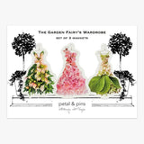 Set of three Petal & Pins Garden Fairy's Wardrobe Spring Flowers magnets with colorful flower designs and whimsical fairy theme.