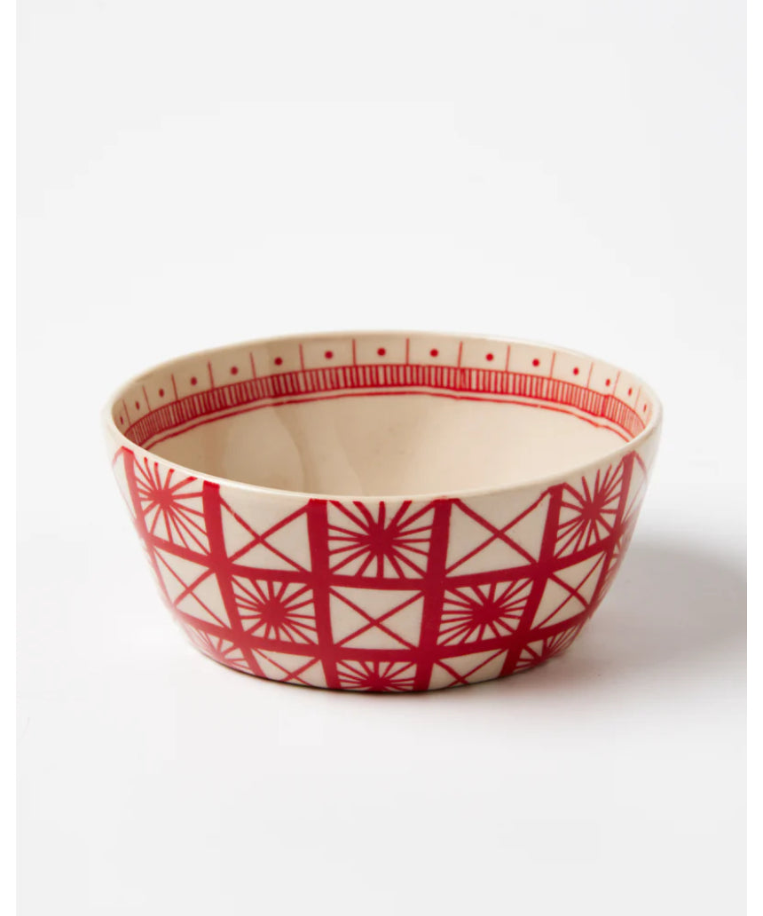 Jones & Co Caravan Snack Bowl in Ruby with a vibrant red ceramic design for serving snacks or small treats.