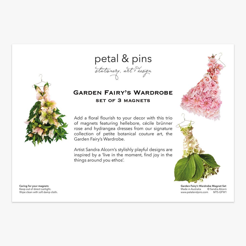 Set of three Petal & Pins Garden Fairy's Wardrobe Spring Flowers magnets featuring colorful floral designs on a white background.