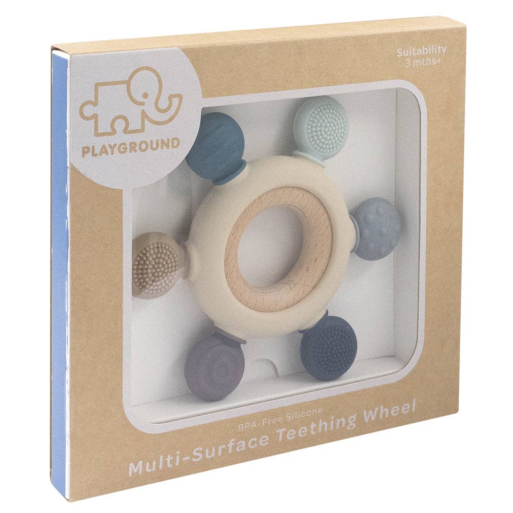 Living Textiles multi-surface teething wheel in steel blue with soft, textured surface for soothing baby's teething needs.