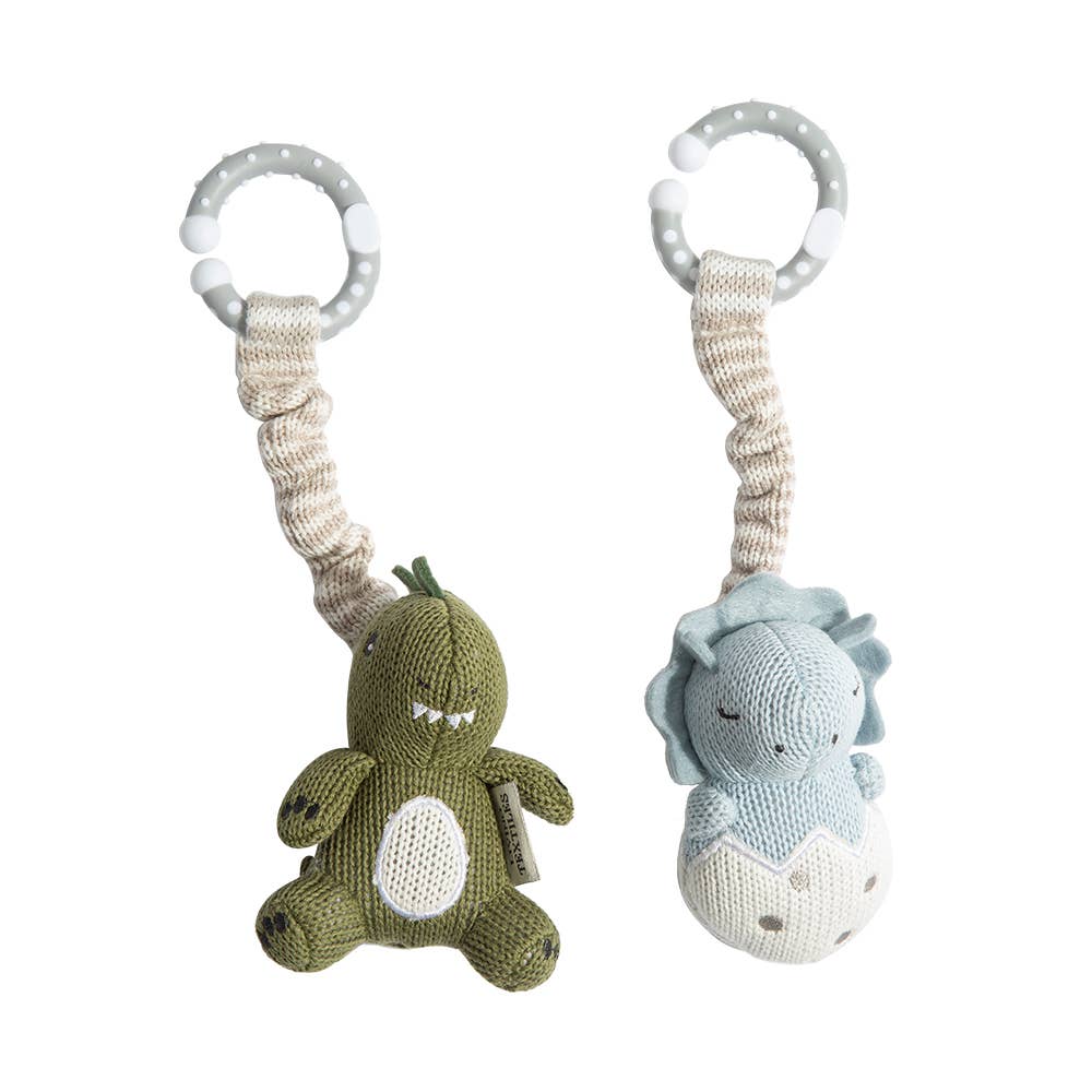 Living Textiles 2-pack dinosaur stroller toys with colorful plush dinosaur figures for infants and toddlers.
