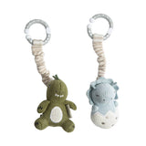 Living Textiles 2-pack dinosaur stroller toys with colorful plush dinosaur figures for infants and toddlers.
